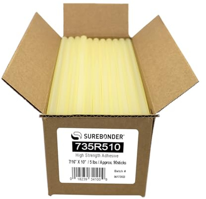 Surebonder 735R510 Full Size 10 High Strength Hot Glue Sticks for Cardboard, Plastic, Wood, Metal - 90 Glue Sticks, Amber, 5 lb Box