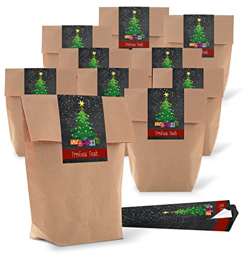 Logbuch-Verlag 25 kleine Geschenkbeutel Kraftpapier Verpackung weihnachtlich + Frohes Fest Aufkleber - Weihnachtstüte 16,5 x 26 x 6,5 cm
