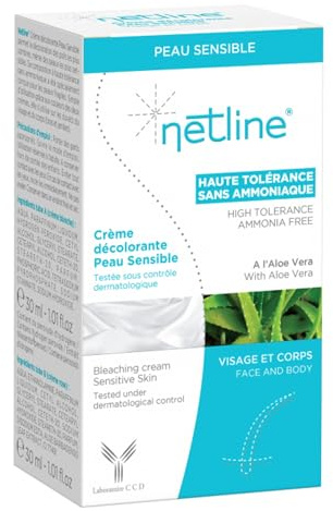 Crème Décolorante Visage et Corps Peaux Sensibles Netline | Sans Ammoniaque | Enrichie en Aloe Vera | Haute Tolérance Testée Dermatologiquement | Duvet et Poils Foncés | 2 Tubes + Spatule + Coupelle