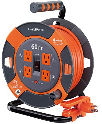 Link2Home Cord Reel 60 ft. Extension Cord 4 Power Outlets – 14 AWG SJTW Cable. Heavy Duty High Visibility Power Cord.