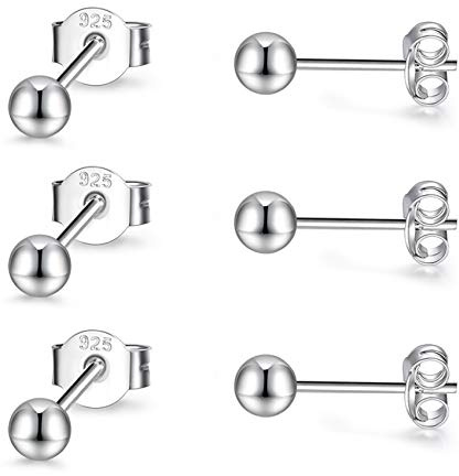 EPIRORA Sterling Silver Stud Earrings for Women Men- 3 Pairs 3mm Tiny Ball Stud Earrings Round CZ Earrings Pearl Earrings Set Cartilage Small Tragus Earrings
