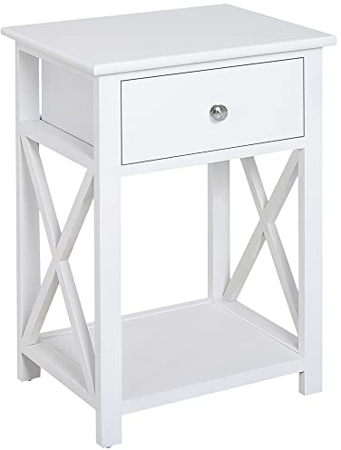 HOMCOM Side Table, Farmhouse End Table with Storage Drawer, Open Shelf and X-Frame, Bedside Table for Living Room, White