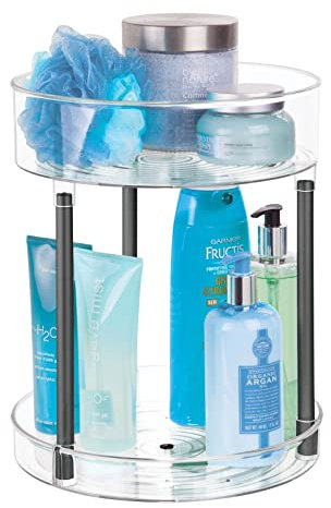mDesign Kosmetik Organizer – zweistöckige Make-up Ablage mit Drehtellern – Baderegal stehend aus Kunststoff und Metall – für Kosmetik- & Badeaccessoires – durchsichtig und schwarz