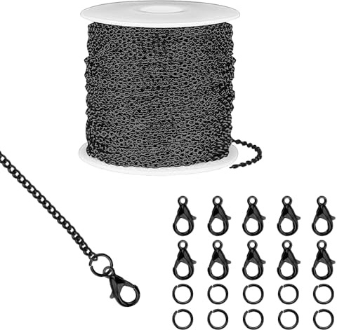 AFASOES Catene per Gioielli Fai Da Te Catene per Collane a 10 Metri Catene per Creazione di Gioielli con 20 Chiusure e 50 Anelli per Accessori di Gioielli Fai da Te (Nero,2mm)