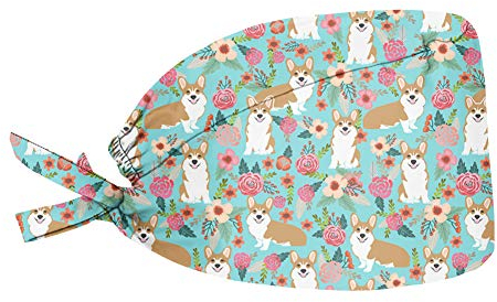 UOIMAG Unisex Bouffant Turban Kappe Elastische Krankenschwester Kappe Chef Hut Arbeit Spa Salon Kappe für Damen Herren Gr. Einheitsgröße, Corgi-Blumenmuster