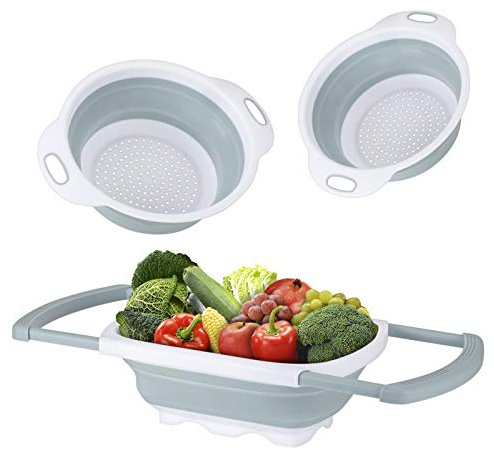 Colander Collapsible, Kitchen Strainer Colander, Collapsible Colander with Extendable Handles for Draining Veggies, Pasta,Fruit, Includes 6, 4 Quart Over the Sink Strainer Folding and 2 Quart Round
