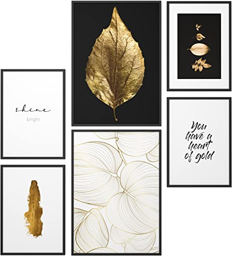 Papierschmiede® Mood Poster Set Blattgold, Gerahmte Bilder (Rahmen: Material und Farbe wählbar), Wohnzimmer Deko Wandbilder Schlafzimmer, 2x A4 und 4x A5, Golden Shine Bright