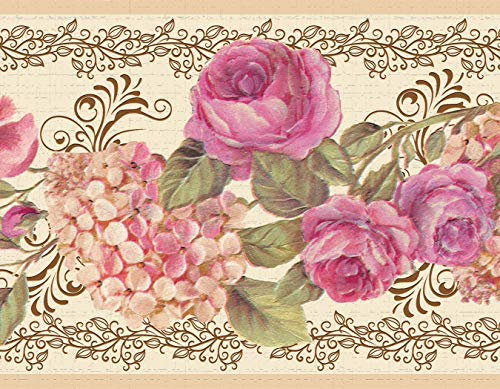 Dundee Deco DDAZBD9066 Tapetenbordüre zum Abziehen und Aufkleben, Blumen-Rosen, Schriftrollen, Hortensien-Wandbordüre, Retro-Design, 4,57 m x 17,78 cm, selbstklebend