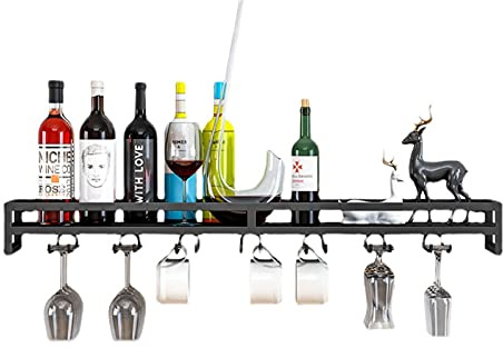 Rack di Vino di Ferro Portabottiglie a Parete e Supporto in Vetro Porta Bottiglie Barre da muro Scaffale Vini Mensola del Vino Porta Bicchieri di Vino Portabicchieri per bar, cantina, kitches - nero
