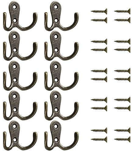 Mokife 10 Stück Kleiderhaken Vintage Bronze, Kleine Wandhaken Retro Doppelt Garderobenhaken für Schlafzimmer Bad Küche Büro