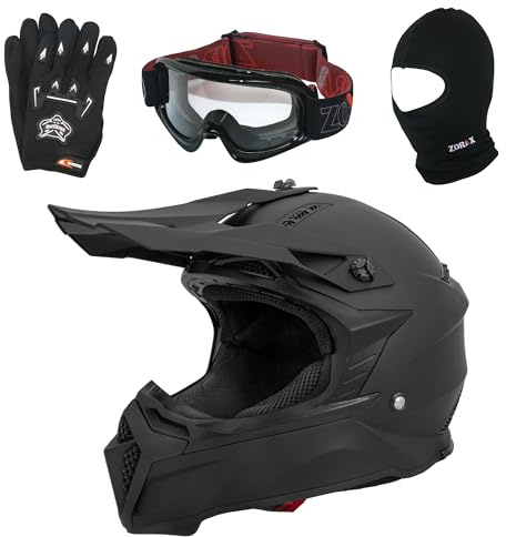 Zorax ZOR-X309 Motocross Helmet & Gloves & Goggles & Balaclava | Matt Black M (57-58cm) & Gloves M(9cm) Dual Sport Motorbike ECE Approved Dirt Bike MX Crash Helmet