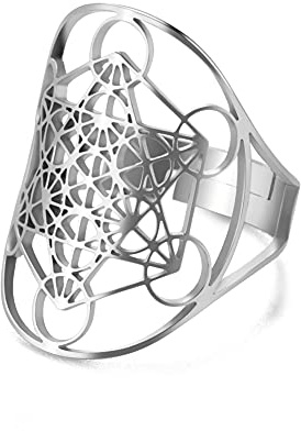 Amaxer Acier Inoxydable Metatrons Cube Anneau pour Femmes Archange Metatron Déclaration De Protection Évidé Femmes Bande Anneau Bijoux pour Dame (Argent)