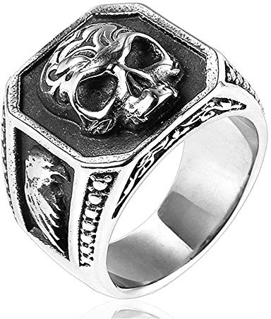 BlackAmazement 316L Edelstahl Ring Massiv Totenkopf Skull Adler Silber schwarz Schild Biker Herren (57 (18.1))