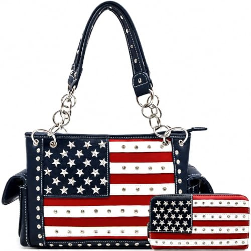 Western Trendy Patriotic American Flag Purse and Wallet Set for Women, #2 Navy Blue Set, L