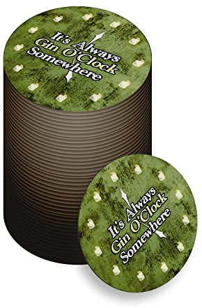 Gin Coasters in Packs of 24, 48, 96 - Absorbent Recyclable Round Cardboard Drinks Mats Accessories for Home Bars Pubs - It's Always Gin 0'Clock Somewhere-96-R