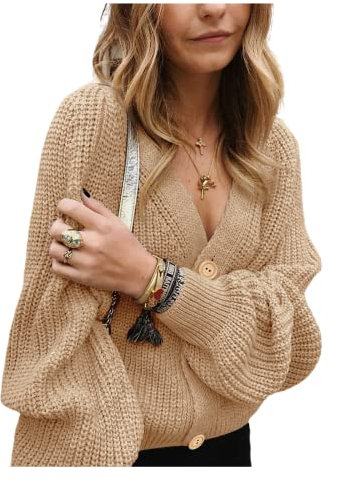 HEYPORK Damen Herbst Winter Warm Bequem Pullover Casual Mode Strickjacke Strickpullover Frauen Einfarbiger Pullover Cardigan Gekürzte Strickwaren(Khaki, XL)