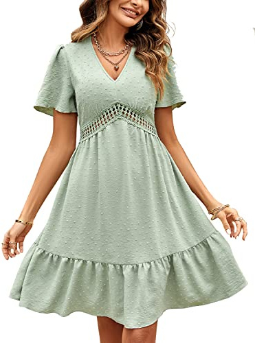 JENJON Mujer Vestidos de Verano Cuelle en V Elegante Manga Corta Cintura Alta Puntos Volantes Mini Vestido A-Verde M