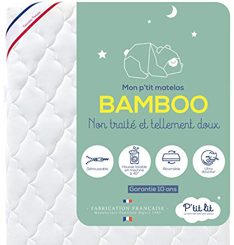 P'TIT LIT - Matelas Bébé Bamboo - 60x120 cm - Viscose Douce et Absorbante - sans Traitement Chimique - Déhoussable - Oeko Tex® - Fabrication Française - EP. 10 cm