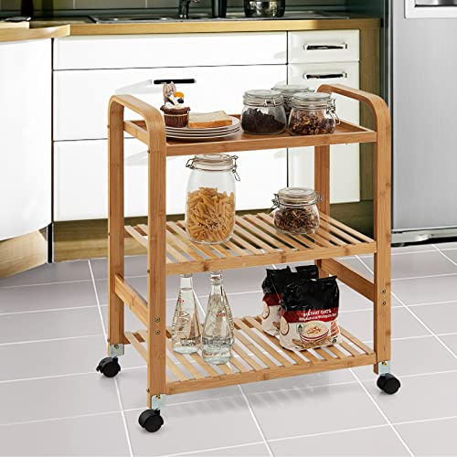 GIANTEX Chariot de service à roulettes en bambou avec 3 étagères et poignées 58 x 33 x 76 cm