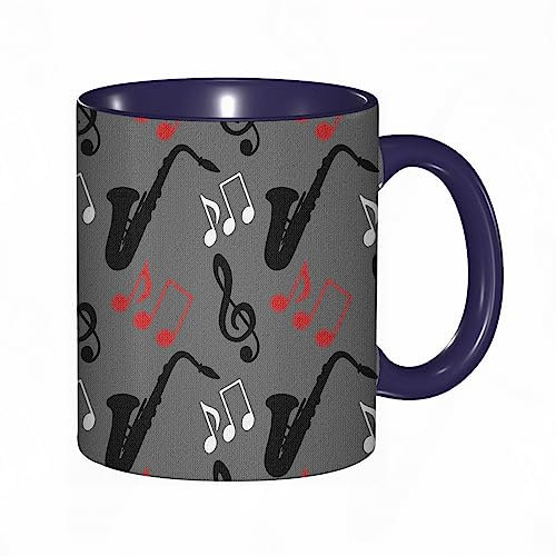 Tasse Keramik Musiknoten-Violinschlüssel-Saxophon-Muster-Zusammenfassungs-Design-Blues-Leistung Kaffeetassen Große 330ml Mit Henkel 100% Handbemalt Trinkgläser Mit Griff Personalisierte Geschenk