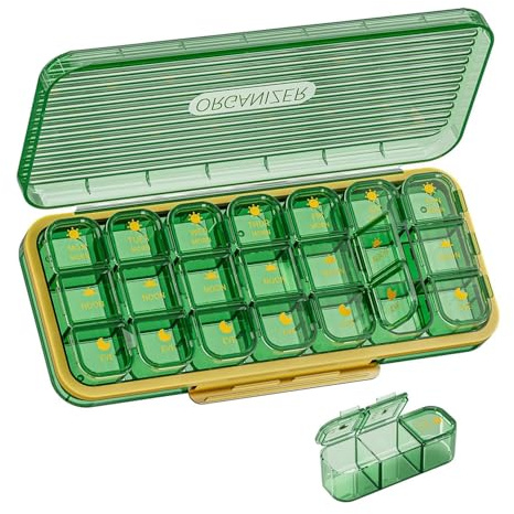 ROWNYEON Weekly Pill Box Organiser Pill Boxes 7 Day 3 Times a Day,Portable Daily Tablet Organiser Pill Dispenser with 21 Copartments to Hold Vitamins, Cod Liver Oil, Supplements and Medication,Green