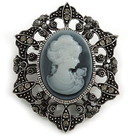 Spilla in stile vintage con cammeo in argento invecchiato, con strass di ematite, lunghezza 55 mm, Misura unica, Plastica, Diamante
