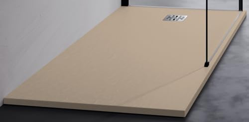 Novellini Novomatt Duschwanne, 140 x 100 cm, Höhe 3 cm, Taupe, ultradünn, Installation mit zuschneidbarer Halterung, Mineralsolid, Oberfläche in Steinoptik, inklusive Ablaufgarnitur