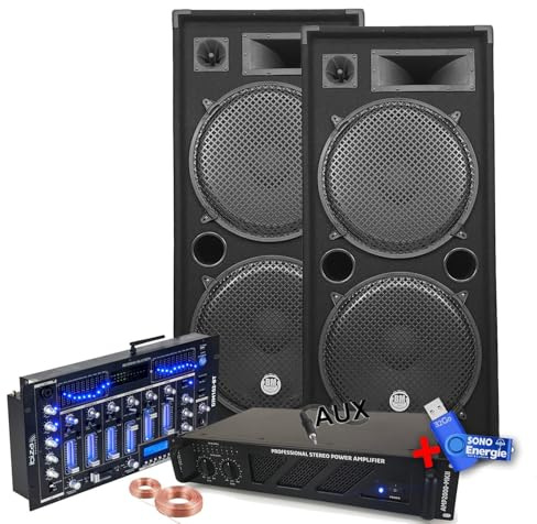 Set Sono Ibiza Sound 4000 W 2 altoparlanti BM Sonic, amplificatore, tavolo Bluetooth/USB, cavi, matrimonio, sala feste DJ+chiavetta USB 32 GB