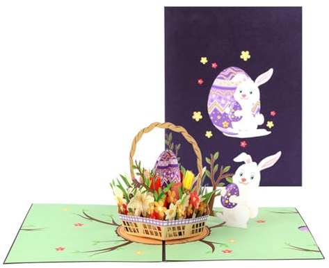 Schevem 3D Popup Ostern Grußkarte Osterkarte - Osterhase Osterkorb mit Ostereiern & Blumen für Kinder Freunde - Glückwunschkarte Festkarte Geldgeschenk Faltkarte Handgemacht Papercut