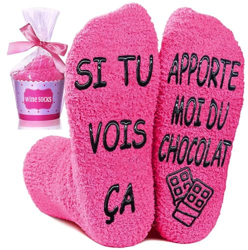 UEOTO Chaussettes Chaudes Femme Fantaisie, Chaussette Rigolotes Femme Humour SI TU VOIS ÇA APPORTE MOI DU CHOCOLAT, Idee Cadeau Rigolo Femme Original Noel Fete des Meres Anniversaire Saint Valentin