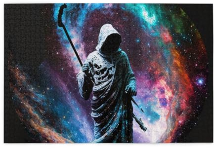 HERRECX 1000 Piece Jigsaw Puzzle Sickle Cloak Grim Reaper Galaxy Black Wood Puzzle for Adults Teens Family Game Educational Toys Gifts