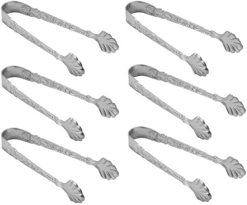 Knadgbft 6 Pcs Vintage Rose Relief Stainless Steel Ice Square Clips Sugar Tongs Foods Clips Kitchen Serving Tong Barware(Silver)