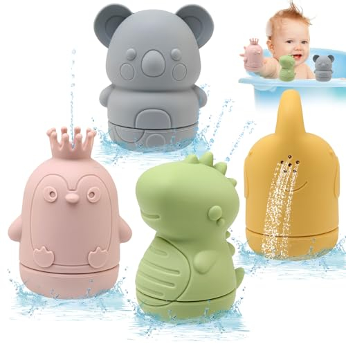 BelleStyle Badewannenspielzeug Badespielzeug Baby Silikon Badetiere, 4er Set Wasserspielzeug Spritztiere Schimmelfrei Badewanne Spielzeug Geschenke für Kinder Babys Kleinkinder ab 1 2 3 4 Jahr