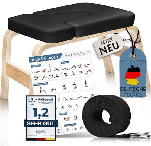 VALENESS® Yoga Kopfstandhocker - Hochwertiger Yoga Hocker inkl. Yogagurt, Yogablock & Übungsposter - Yoga Stuhl zur Handstand-Übung aus massivem Naturholz - Yoga Ausrüstung für Zuhause (Schwarz)