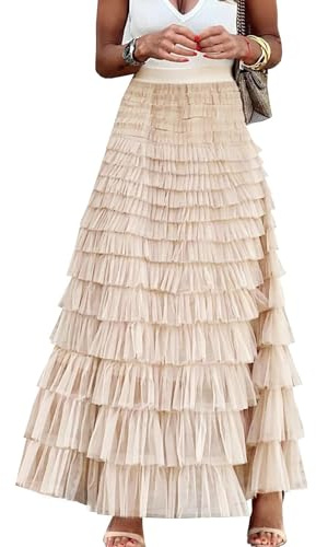 Flygo Women's Long Maxi Tulle Skirts A Line Ruffle High Waisted Tiered Layered Mesh Tutu Skirt Petticoat(Apricot-M)