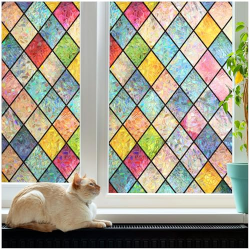 rabbitgoo Stained Glass Window Film Privacy for Glass Windows, 90x400cm | 3D Multicolor Static Cling Rainbow Window Privacy Stickers UV Glare Blocking, Decorative Coverings Decals Lattice for Home