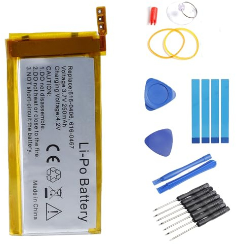 PONDWAY 250 mAh, 3,7 V, 616-0405, 616-0407, P11G73-01-S01, Ersatz-Akku, kompatibel mit iPod Nano 4 4th 4 GB 8 GB 16 GB MB903LL/A MP3 Musik-Player, wiederaufladbar, Li-Po, Akku + Repair Tool