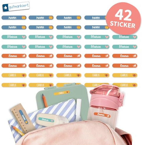 Gutmarkiert Mini Namensaufkleber für Kinder - personalisierbar mit Namen | Thema Aufkleber - 42 Etiketten 3,8x0,6cm - spülmaschinenfest - für Kita - Schule und Kindergarten - für Jungen und Mädchen