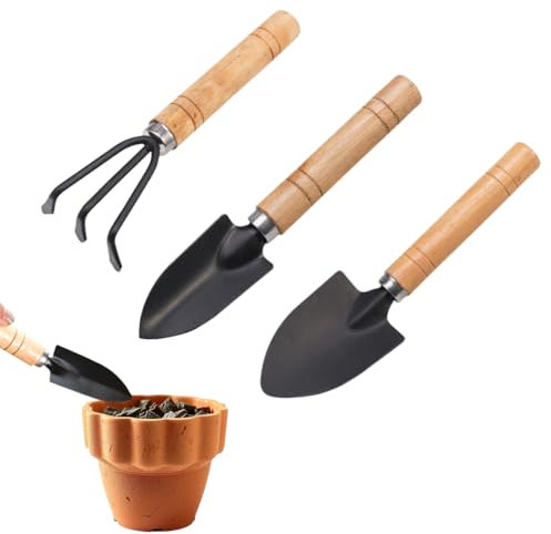 Juego de herramientas de jardinería, 3 Piezas Pala Jardineria, Mini herramientas de jardinería, con Mango de Madera Antideslizante - Regalos para Mujeres y Hombres, Multicolor