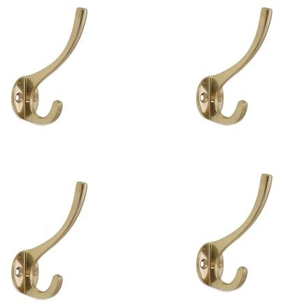 Infinity Decor Pack of 4 Vintage Polished Brass Coat Hooks Hangers 87mm – Heavy Duty Wall Mounted Hooks for Clothes, Towels, Coats, Hats and Keys