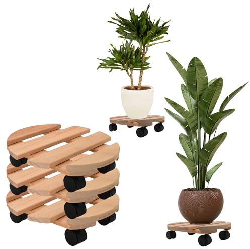 HLKauf 3er Pflanzenroller rund Rollbrett aus Buchenholz Rolluntersetzer 30 cm bis 120 Kg Transportroller für Pflanzen & HLKauf-Block