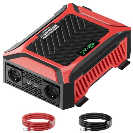 Wechselrichter 12V auf 230V Reiner Sinus 1000W/2000W Doppel Spannungswandler, intelligentem Erkennungssystem mit 2 EU Steckdose, 1Type-C, 2.1A USB-Anschluss, für RV, Haushaltsgeräten, LKW