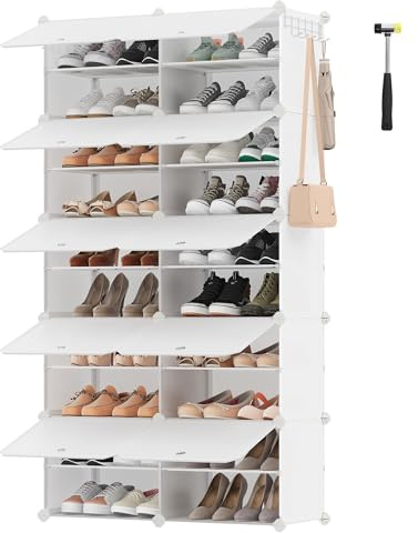 SONGMICS Étagère à Chaussures 10 Compartiments, Étagère de Rangement Modulable, Compartiment de 30 x 40 x 30 cm, Porte, Cadre en Acier, Plastique, pour Couloir, Chambre, Entrée, Blanc Nuage LPC035W02