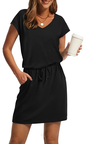 OFEEFAN Womens Summer Dresses 2025 Beach Vacation Clothes for Women Fashion V Neck T Shirts Casual Dress Sundresses with Pockets XL Black