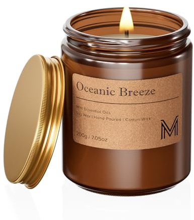 M&SENSE Oceanisk bris doftande litet ljus, 212 g aromaterapi ljus för hemdoft, sojavaxljus present till födelsedag, inflyttning, bärnstensburk ljus för stresslindring, meditation, yoga