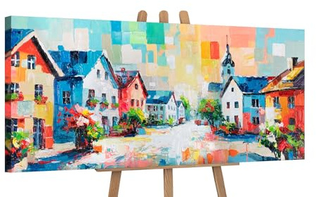YS-Art Schöne Bunte Bilder Gemalte Stadt auf Leinwand acrylbilder handgemalt Wandbild Wohndekor Bilder Büro echte Kunst Acrylmalerei modern 115x50 cm