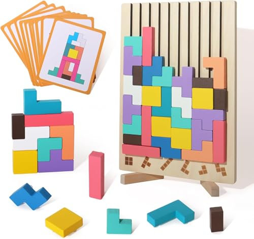 PKKP Holzpuzzle 3D Tetris, Sensorik Bausteine Puzzle mit 42 Steinen und 10 Herausforderungskarten, Montessori Spielzeug Geschenk für Holzpuzzle Set Tetris Spiel ab 3 4 5 6 Jahr (A)