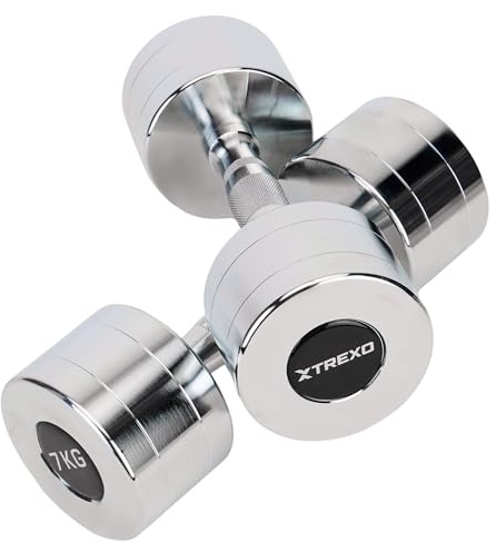 TREXO Set di manubri cromati da 2 x 7 kg, set di manubri in acciaio con manico antiscivolo, ideali per l'allenamento di forza, resistenza e funzionalità, perfetti per casa e palestra