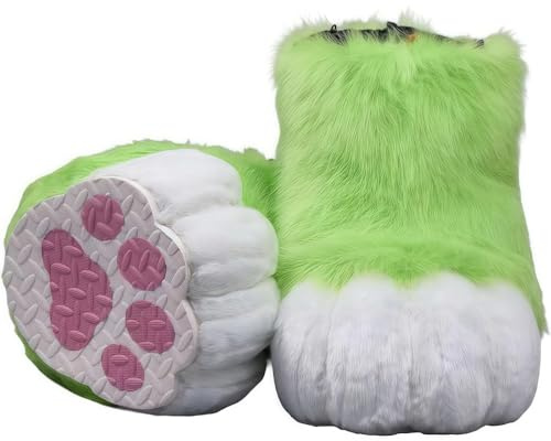 Fursuit feet paw Shoes kit Plush Furry Boots fursuit Costume paw Shoes Halloween Accessories Cosplay Costume Comic Exhibition (Green, 11 in) (Yellowish Green, 10.63in)