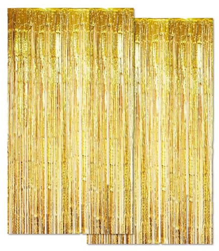 huoflame Lametta Vorhang 2 pc– Glitzer Vorhang Silber Gold für Geburtstag Party Deko – 2x2M Glänzende Folienvorhang Fotowand Hintergrund für Hochzeit Einschulung Jugendweihe Kindergeburtstag (Gold)